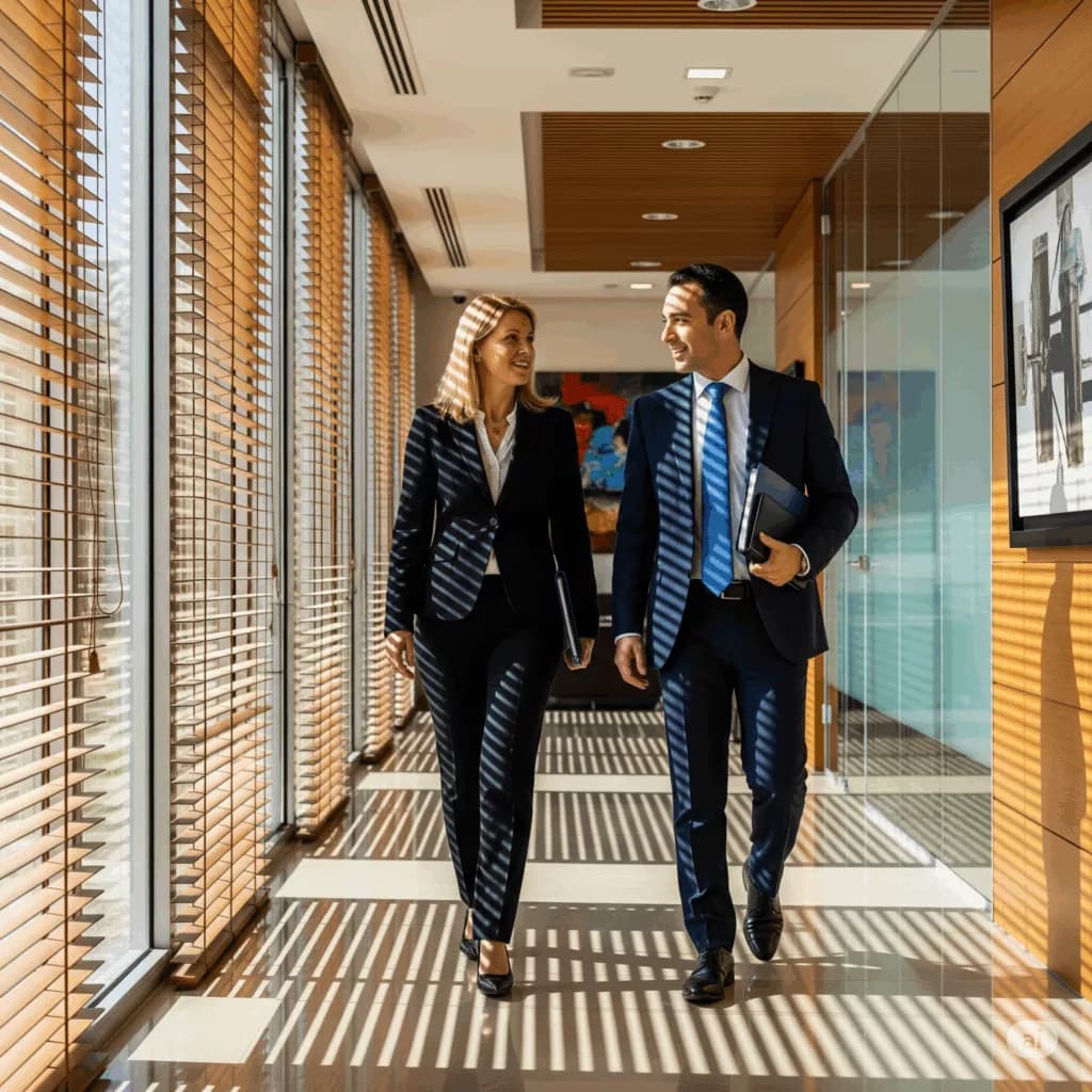 Polycarpos Philippou et son équipe juridique dans le couloir du bureau de Paphos, démontrant plus de 40 ans d'expertise à Chypre depuis 1984.