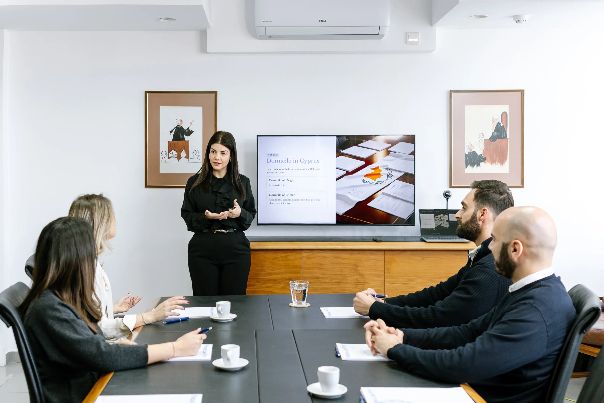 Lawyer presenting at a conference room in the Philippou Law Firm office