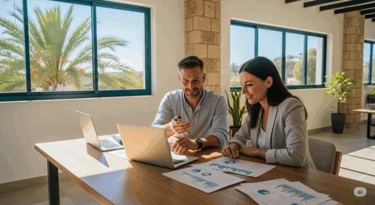Profesionales de negocios revisando finanzas en una oficina en Chipre